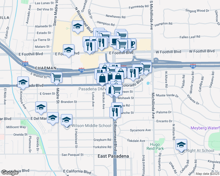 map of restaurants, bars, coffee shops, grocery stores, and more near in East Pasadena