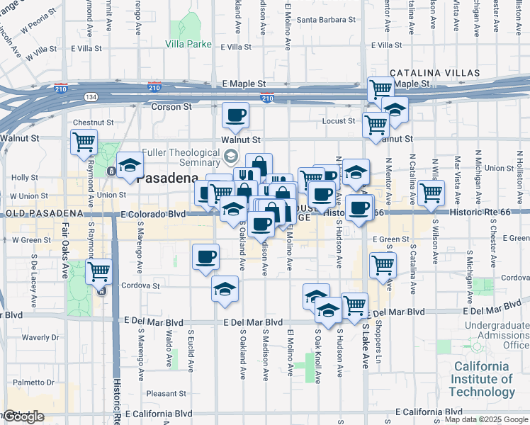 map of restaurants, bars, coffee shops, grocery stores, and more near in Pasadena