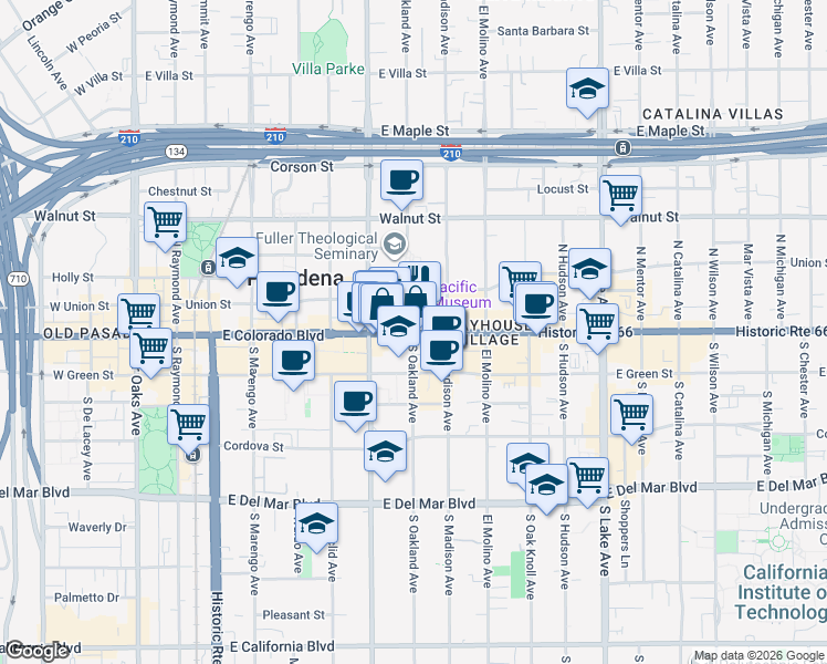 map of restaurants, bars, coffee shops, grocery stores, and more near 256 East Colorado Boulevard in Pasadena