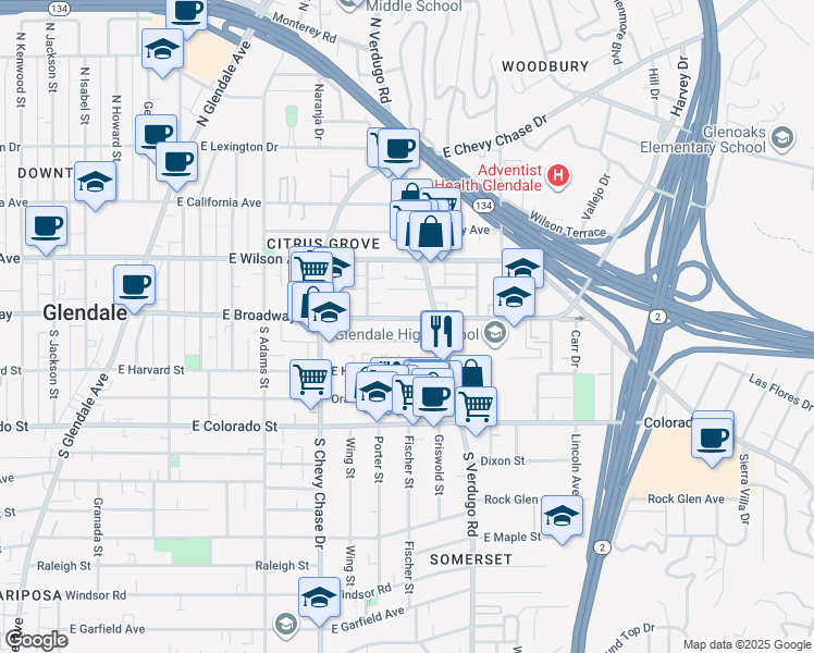 map of restaurants, bars, coffee shops, grocery stores, and more near 1338 East Broadway in Glendale