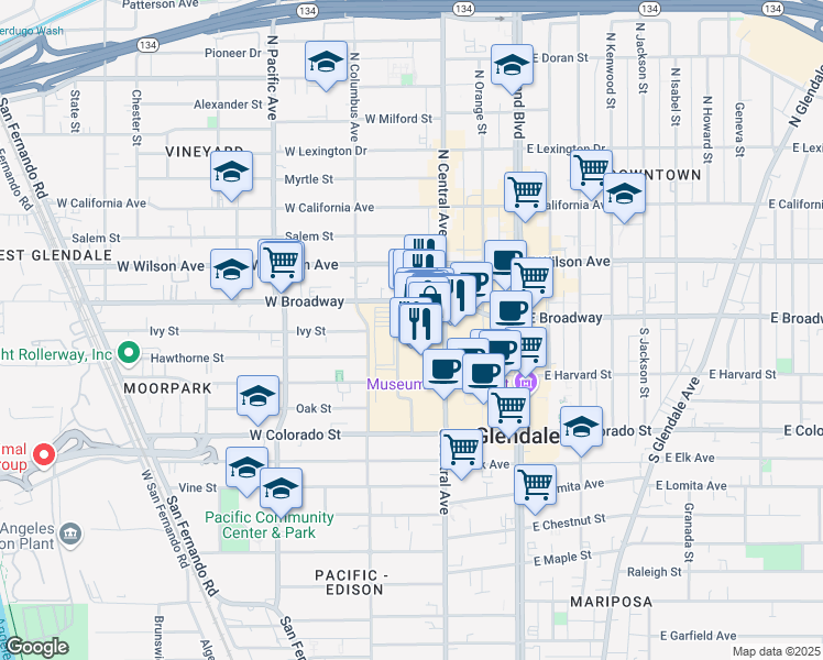 map of restaurants, bars, coffee shops, grocery stores, and more near 1106 Galleria Way in Glendale