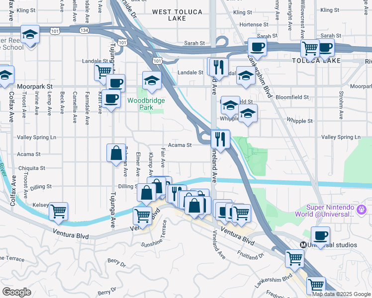 map of restaurants, bars, coffee shops, grocery stores, and more near 11120 Acama Street in Los Angeles