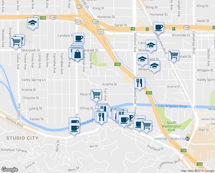map of restaurants, bars, coffee shops, grocery stores, and more near 11168 Acama Street in Los Angeles
