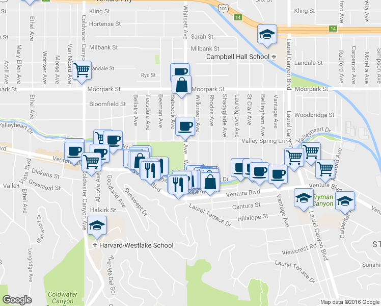 map of restaurants, bars, coffee shops, grocery stores, and more near 4141 Whitsett Avenue in Los Angeles