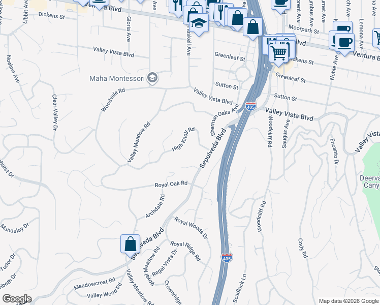 map of restaurants, bars, coffee shops, grocery stores, and more near 15635 Vandorf Place in Los Angeles