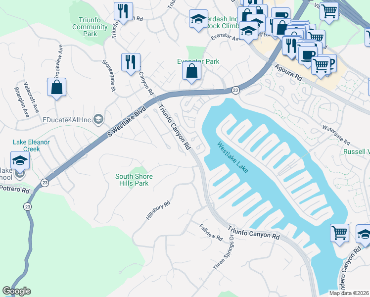 map of restaurants, bars, coffee shops, grocery stores, and more near 2255 Portola Lane in Westlake Village