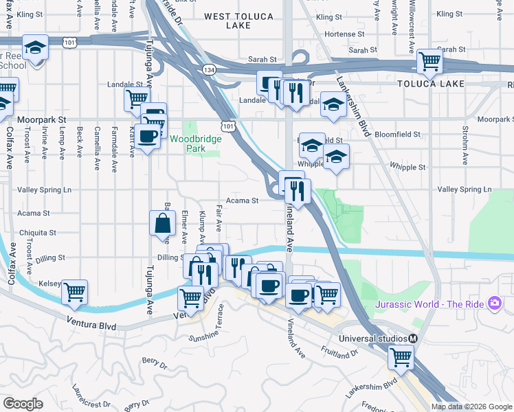 map of restaurants, bars, coffee shops, grocery stores, and more near 11120 Acama Street in Los Angeles