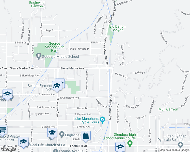 map of restaurants, bars, coffee shops, grocery stores, and more near 610 Thornhurst Avenue in Glendora