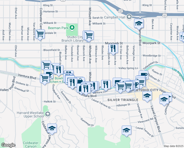 map of restaurants, bars, coffee shops, grocery stores, and more near 4128 Whitsett Avenue in Los Angeles