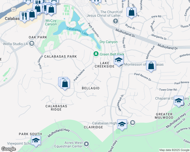 map of restaurants, bars, coffee shops, grocery stores, and more near 23170 Park Blanco in Calabasas
