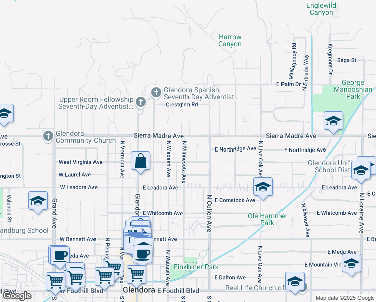 map of restaurants, bars, coffee shops, grocery stores, and more near 630 North Minnesota Avenue in Glendora