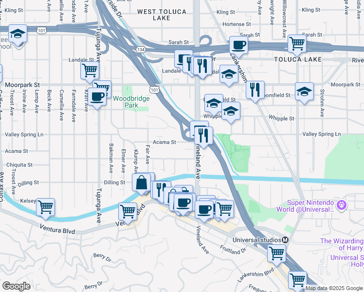 map of restaurants, bars, coffee shops, grocery stores, and more near 11044 Acama Street in Los Angeles