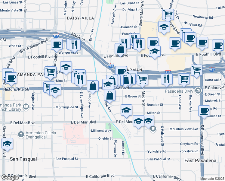 map of restaurants, bars, coffee shops, grocery stores, and more near 3120 East Colorado Boulevard in Pasadena