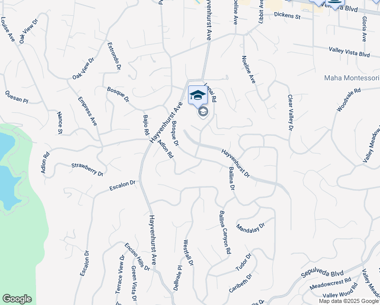 map of restaurants, bars, coffee shops, grocery stores, and more near 16541 Bosque Drive in Los Angeles