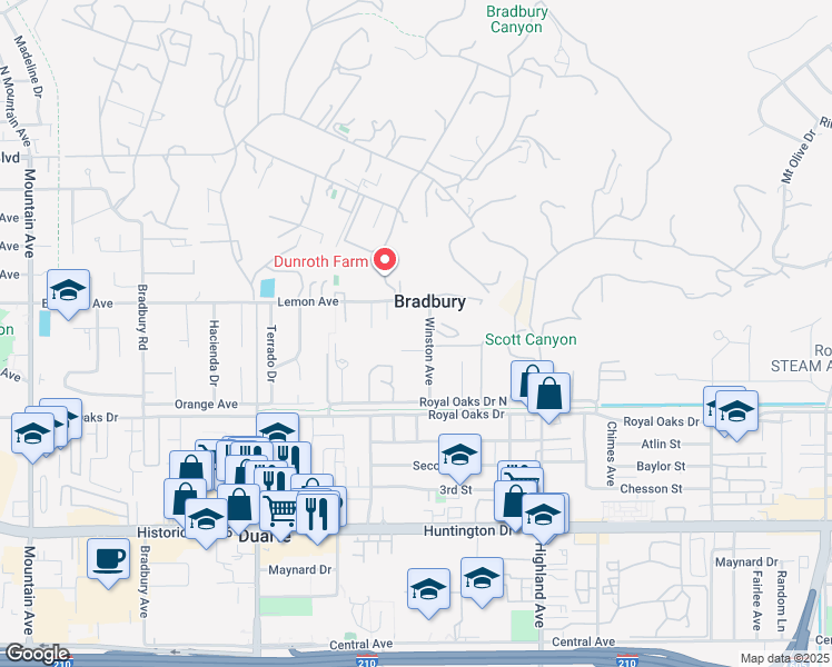 map of restaurants, bars, coffee shops, grocery stores, and more near 529 Winston Avenue in Bradbury