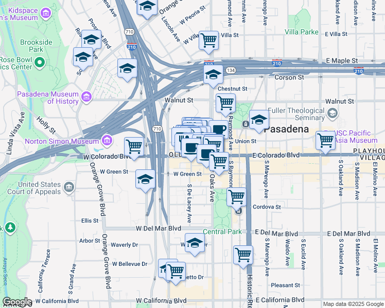 map of restaurants, bars, coffee shops, grocery stores, and more near 73 West Colorado Boulevard in Pasadena