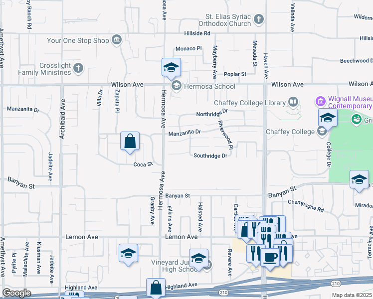 map of restaurants, bars, coffee shops, grocery stores, and more near 10194 Thorpe Court in Rancho Cucamonga