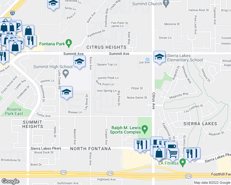 map of restaurants, bars, coffee shops, grocery stores, and more near 15655 Iron Spring Lane in Fontana