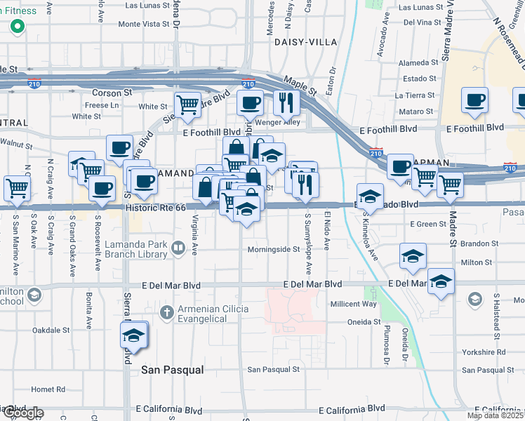map of restaurants, bars, coffee shops, grocery stores, and more near 2754 East Colorado Boulevard in Pasadena