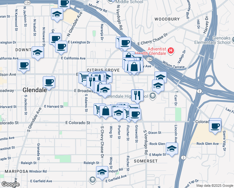 map of restaurants, bars, coffee shops, grocery stores, and more near 1300 East Broadway in Glendale