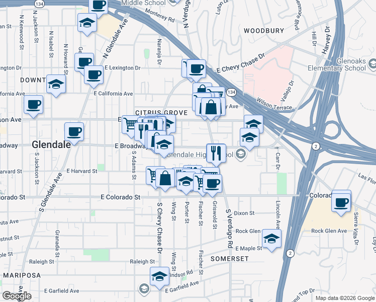 map of restaurants, bars, coffee shops, grocery stores, and more near 1308 East Broadway in Glendale