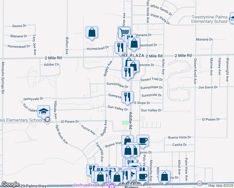map of restaurants, bars, coffee shops, grocery stores, and more near 73616 Sunnyvale Drive in Twentynine Palms
