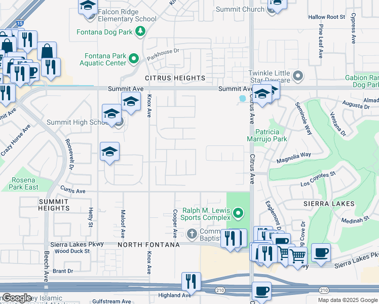 map of restaurants, bars, coffee shops, grocery stores, and more near 15655 Iron Spring Lane in Fontana