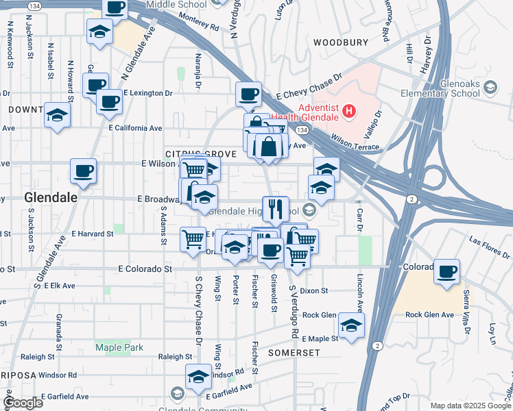 map of restaurants, bars, coffee shops, grocery stores, and more near 1338 East Broadway in Glendale