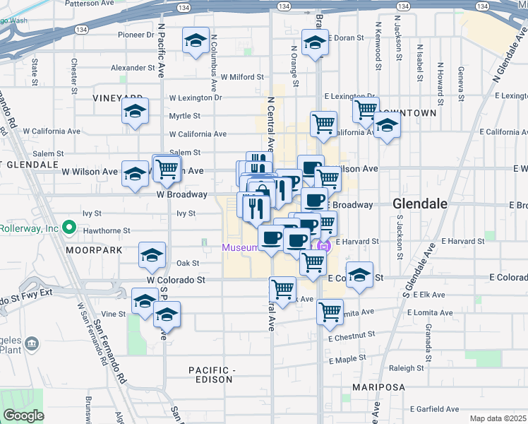 map of restaurants, bars, coffee shops, grocery stores, and more near 1106 Galleria Way in Glendale