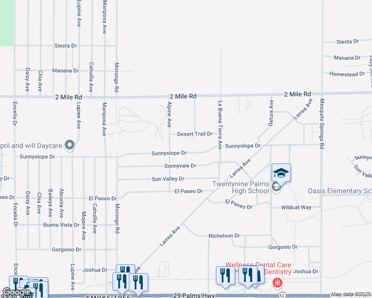 map of restaurants, bars, coffee shops, grocery stores, and more near 72376 Sunnyslope Drive in Twentynine Palms
