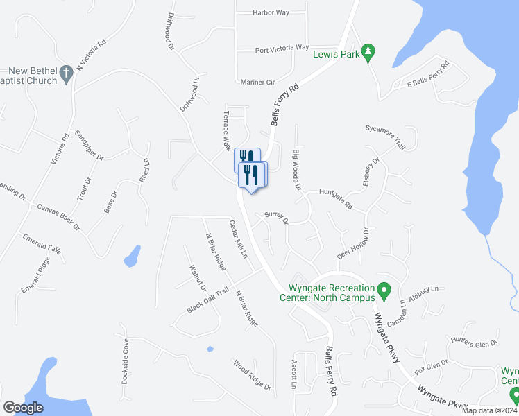 map of restaurants, bars, coffee shops, grocery stores, and more near 7203 Meadow Gate Way in Woodstock