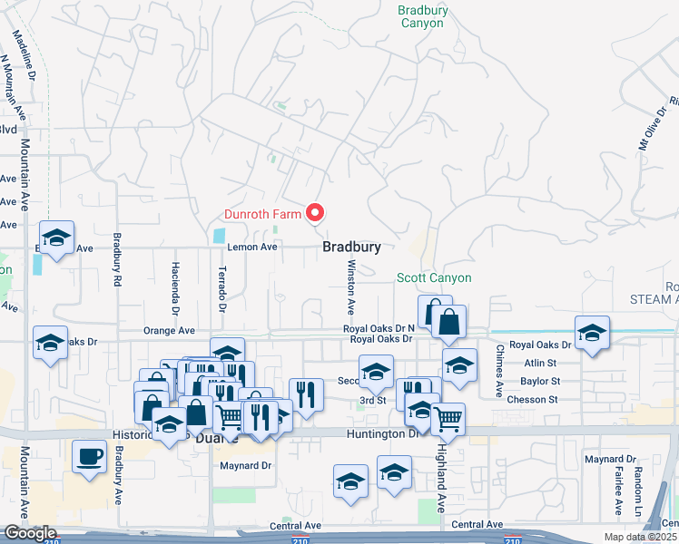 map of restaurants, bars, coffee shops, grocery stores, and more near 529 Winston Avenue in Bradbury