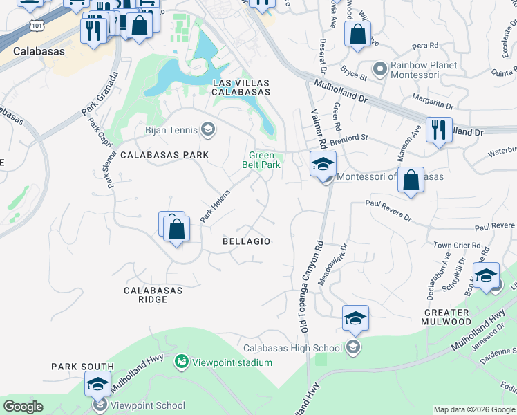 map of restaurants, bars, coffee shops, grocery stores, and more near 23170 Park Blanco in Calabasas