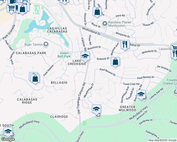 map of restaurants, bars, coffee shops, grocery stores, and more near 4240 Old Topanga Canyon Road in Calabasas