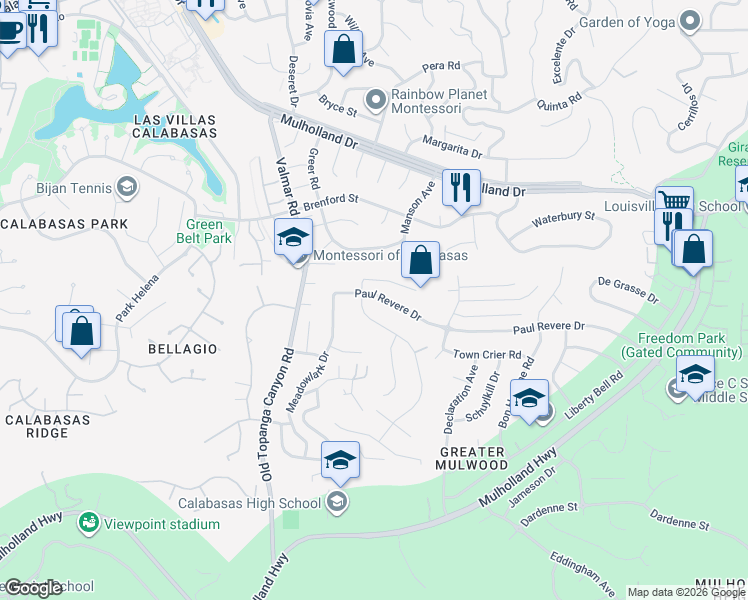 map of restaurants, bars, coffee shops, grocery stores, and more near 22938 Paul Revere Drive in Calabasas