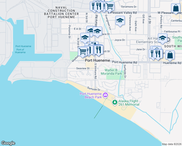 map of restaurants, bars, coffee shops, grocery stores, and more near 225 South Ventura Road in Port Hueneme
