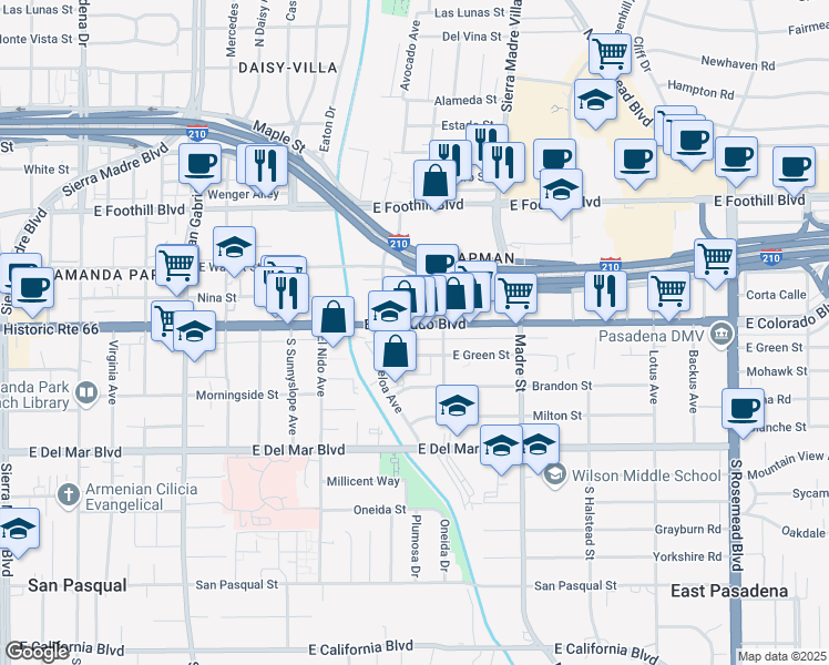 map of restaurants, bars, coffee shops, grocery stores, and more near 3120 East Colorado Boulevard in Pasadena