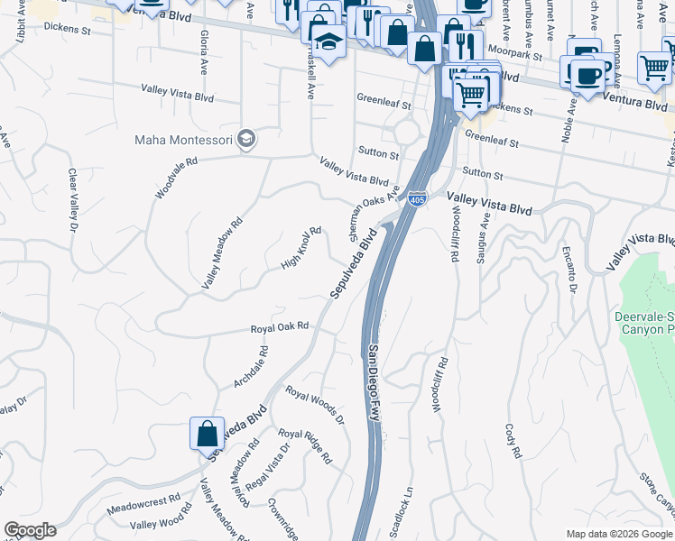 map of restaurants, bars, coffee shops, grocery stores, and more near 15506 High Knoll Road in Los Angeles