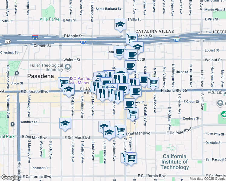 map of restaurants, bars, coffee shops, grocery stores, and more near 795 East Colorado Boulevard in Pasadena