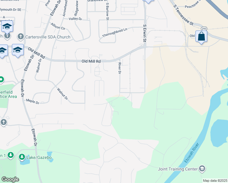 map of restaurants, bars, coffee shops, grocery stores, and more near 25 River Drive in Cartersville