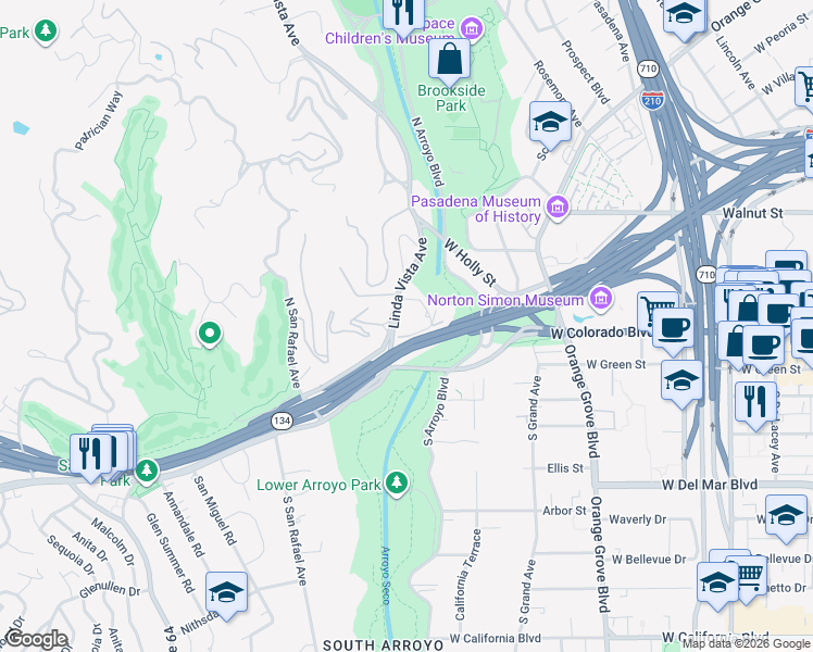 map of restaurants, bars, coffee shops, grocery stores, and more near 825 Las Palmas Road in Pasadena