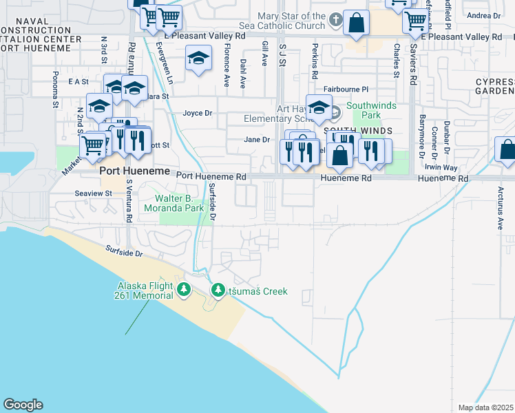 map of restaurants, bars, coffee shops, grocery stores, and more near Morning Breeze Lane in Port Hueneme
