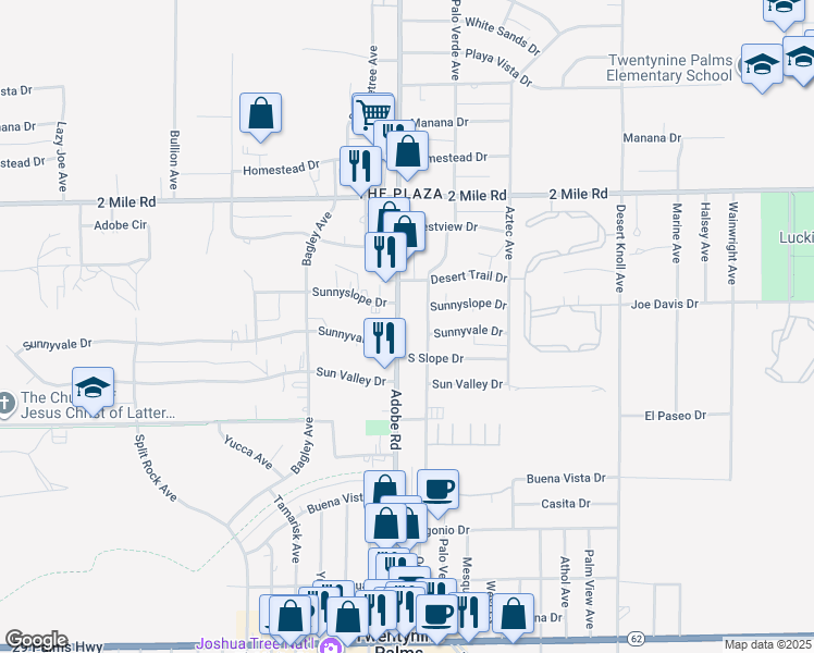 map of restaurants, bars, coffee shops, grocery stores, and more near 5929 Adobe Road in Twentynine Palms