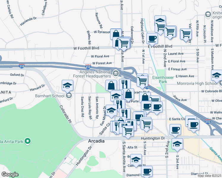 map of restaurants, bars, coffee shops, grocery stores, and more near 515 Windsor Road in Arcadia