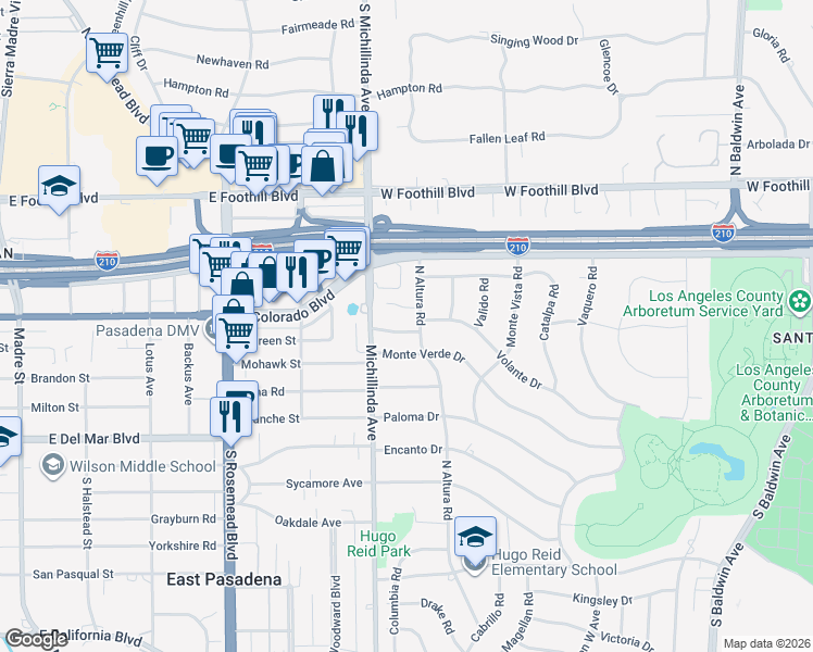 map of restaurants, bars, coffee shops, grocery stores, and more near 1141 Volante Dr in Arcadia