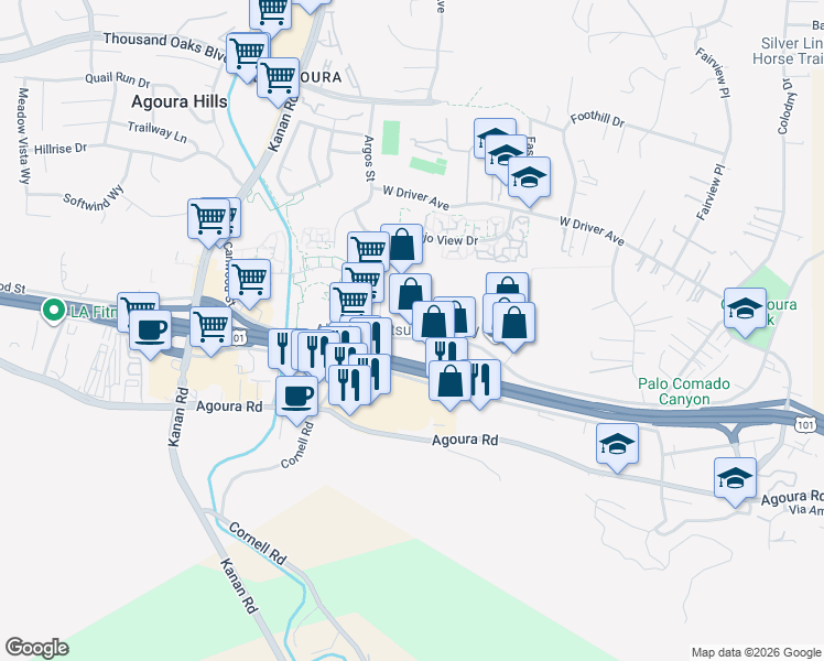 map of restaurants, bars, coffee shops, grocery stores, and more near 28811 Canwood Street in Agoura Hills