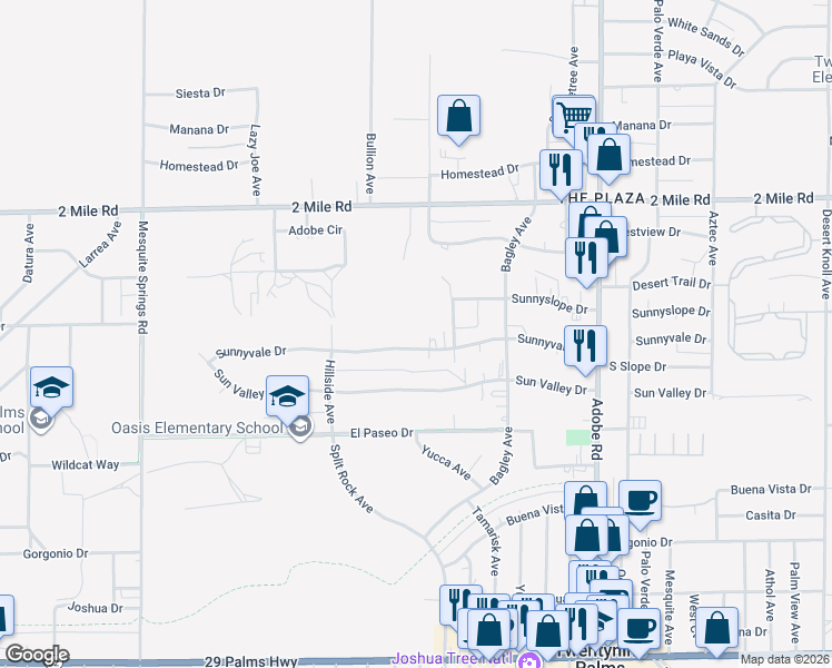 map of restaurants, bars, coffee shops, grocery stores, and more near 73382 Sunnyvale Drive in Twentynine Palms