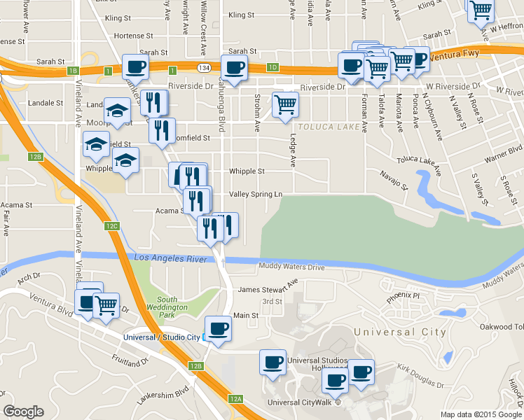 map of restaurants, bars, coffee shops, grocery stores, and more near 4211 Toluca Road in Los Angeles