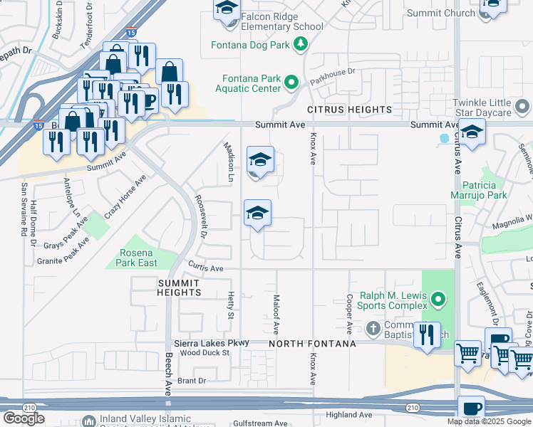 map of restaurants, bars, coffee shops, grocery stores, and more near 15572 Peak Lane in Fontana