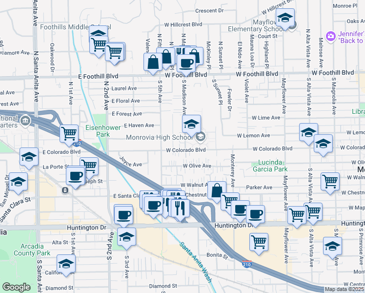 map of restaurants, bars, coffee shops, grocery stores, and more near 521 South Madison Avenue in Monrovia